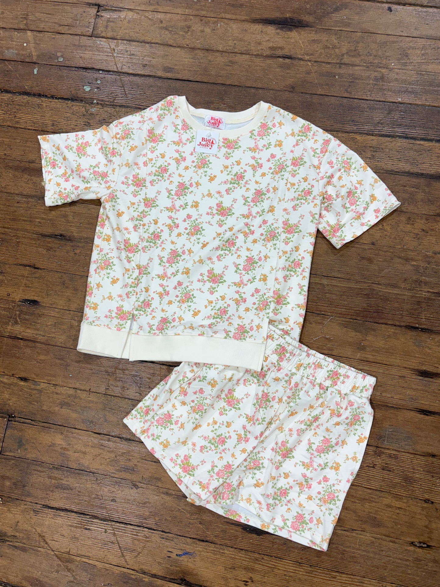 Pink Floral Print Short Sleeve Elastic Waist Pocket Two Piece Set