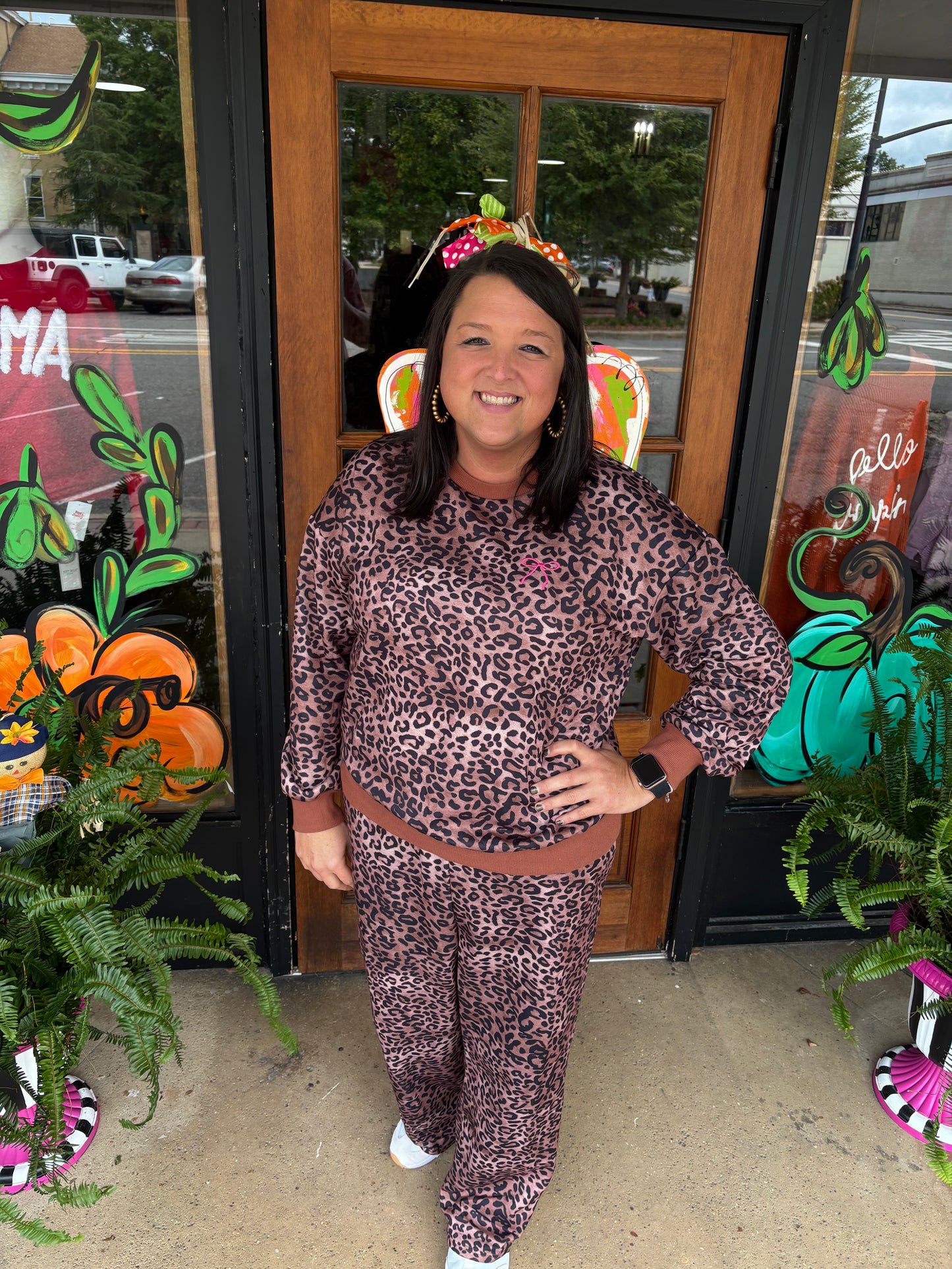 Coffee Allover Leopard Print Contrast Trim Long Sleeve Top and Pants Set