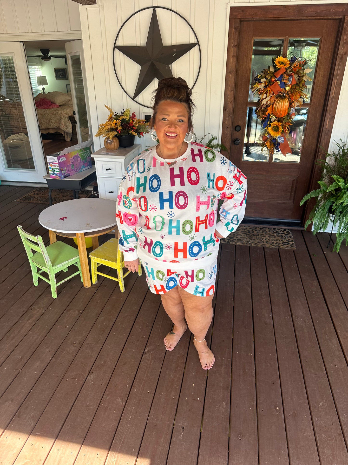 White Plus Size Christmas Ho Ho Ho Print Long Sleeve Top and Shorts Pajama Set