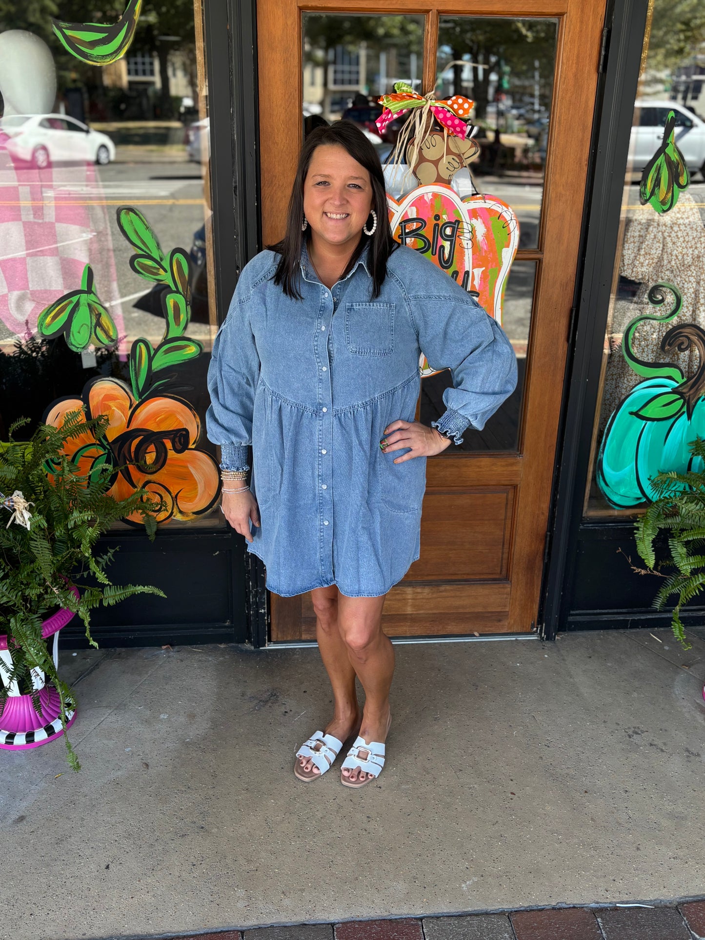 Beau Blue Smocked Cuffs Flared Denim Shirt Mini Dress