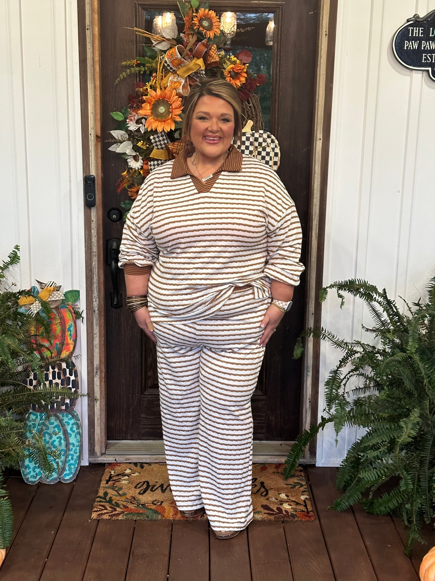 Khaki Stripe Plus Size Loose Pullover Drawstring Elastic Waist Wide Leg Pants Set