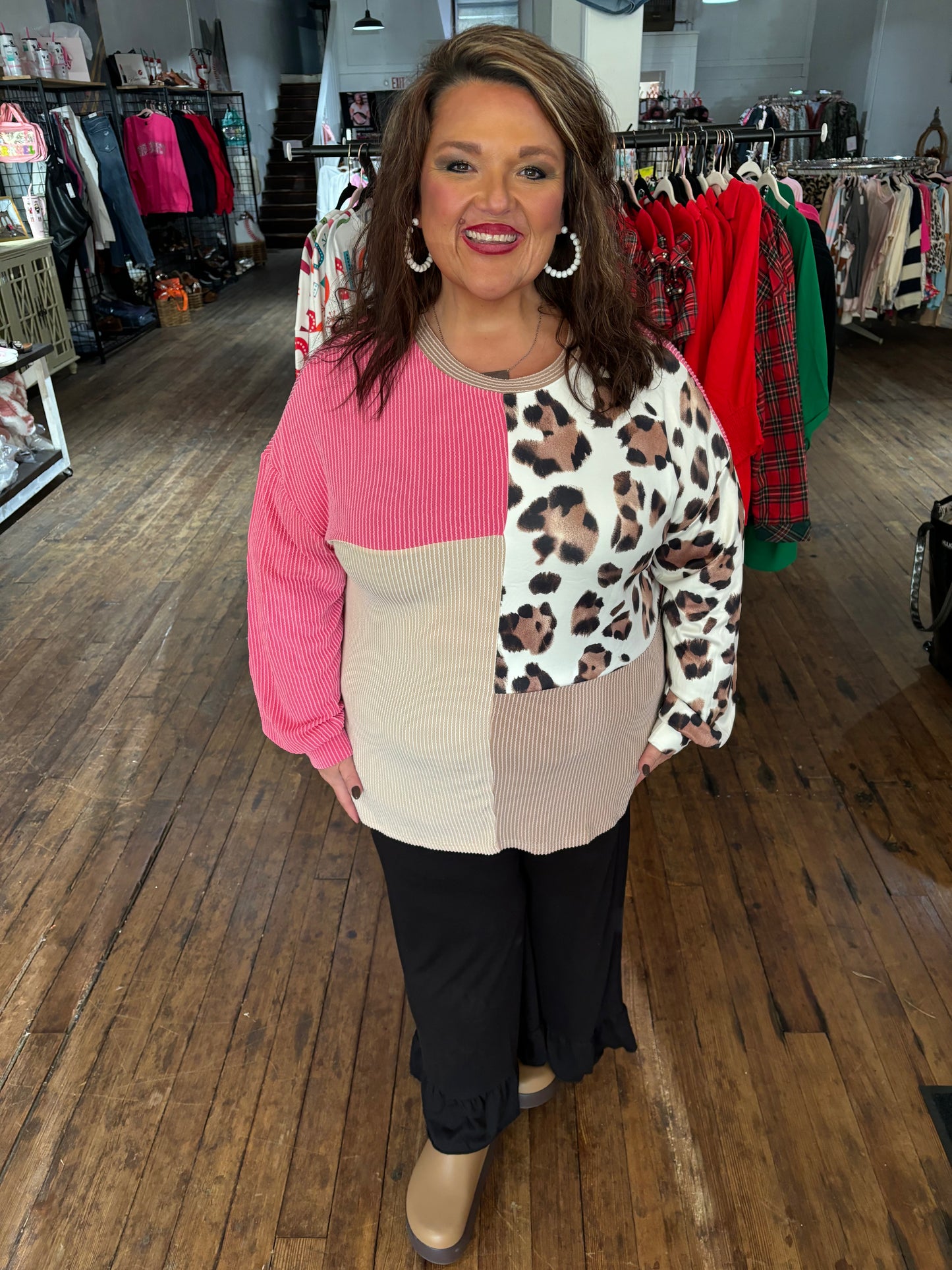 Rose Red Twisted Ribbed Colorblock Leopard Patchwork Plus Size Top. **will ship 11/15