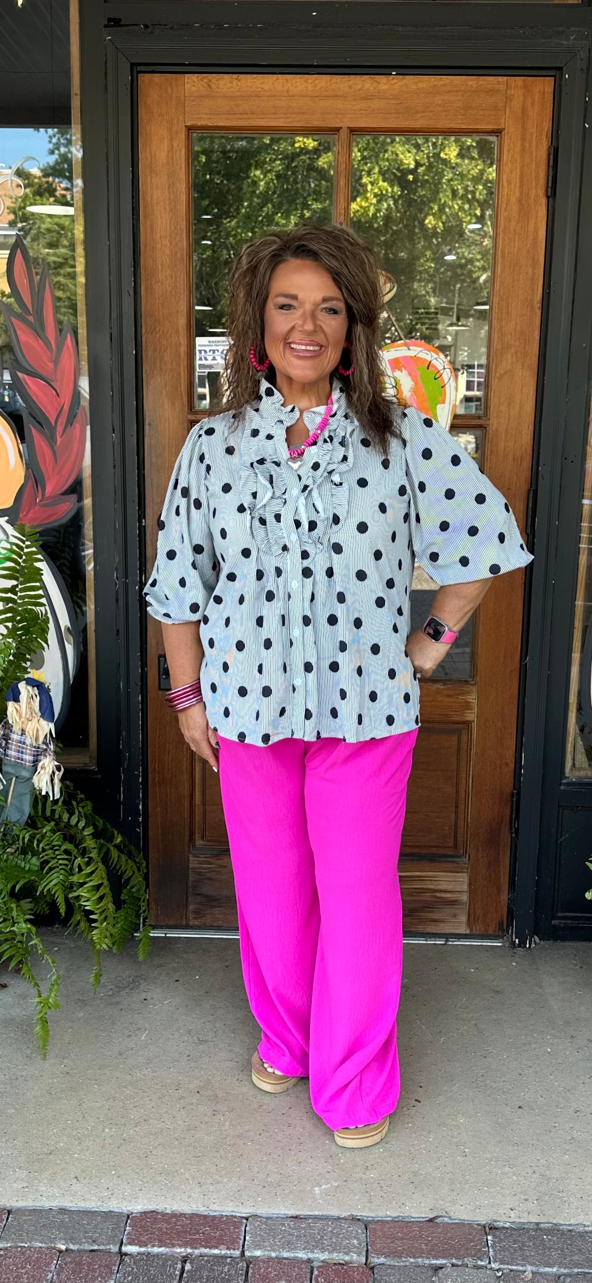 Black white Polka Dot Striped Print Ruffle Stand Neck 3/4 Sleeve Shift Shirt