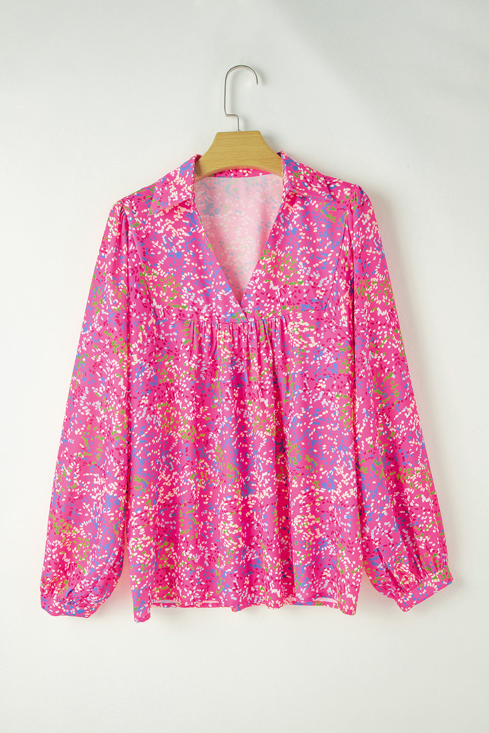 Pink Dotted Puff Sleeve V Neck Blouse
