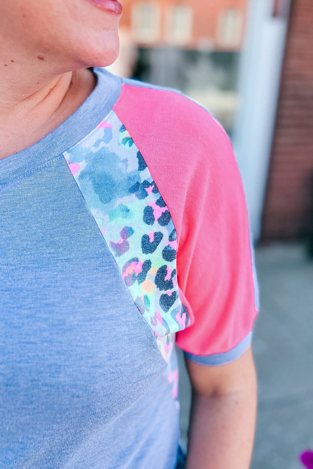 Sky Blue Leopard Print Colorblock Plus Size T Shirt **SHIPS 3/17**