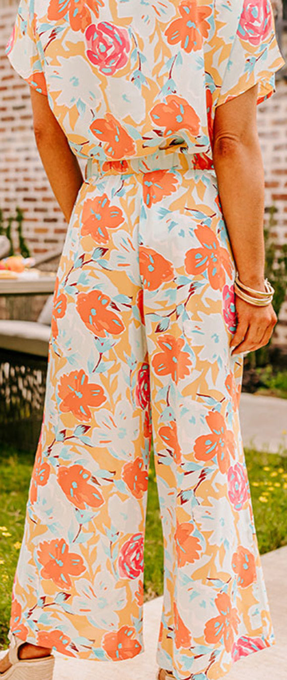 Orange Vibrant Floral Print Blouse and Wide Leg Pants Set