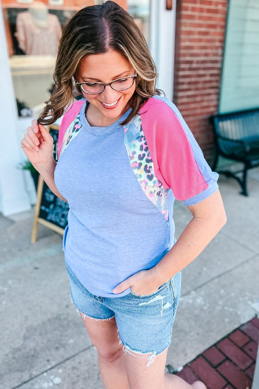 Sky Blue Leopard Print Colorblock Plus Size T Shirt **SHIPS 3/17**