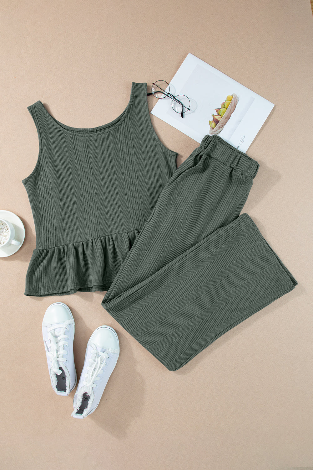 Black Solid Color Ribbed Ruffle Tank Top and Pants Set