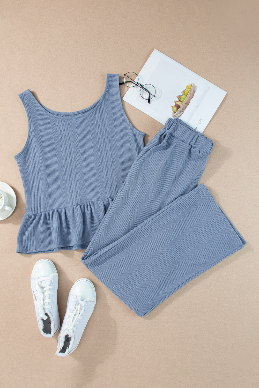 Black Solid Color Ribbed Ruffle Tank Top and Pants Set