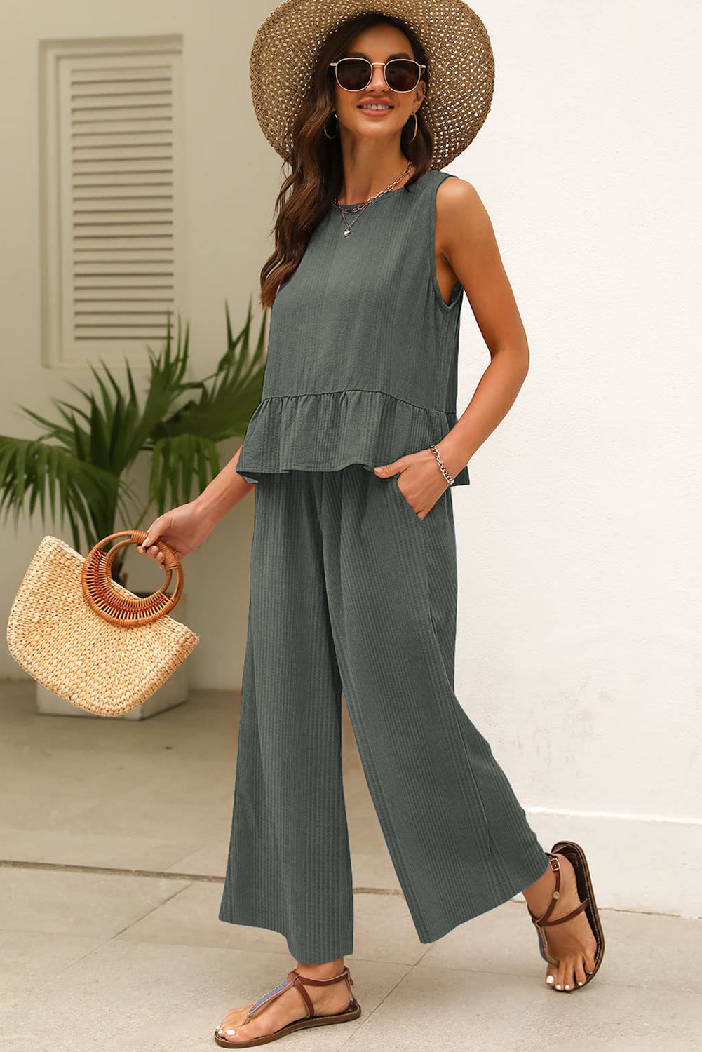 Black Solid Color Ribbed Ruffle Tank Top and Pants Set