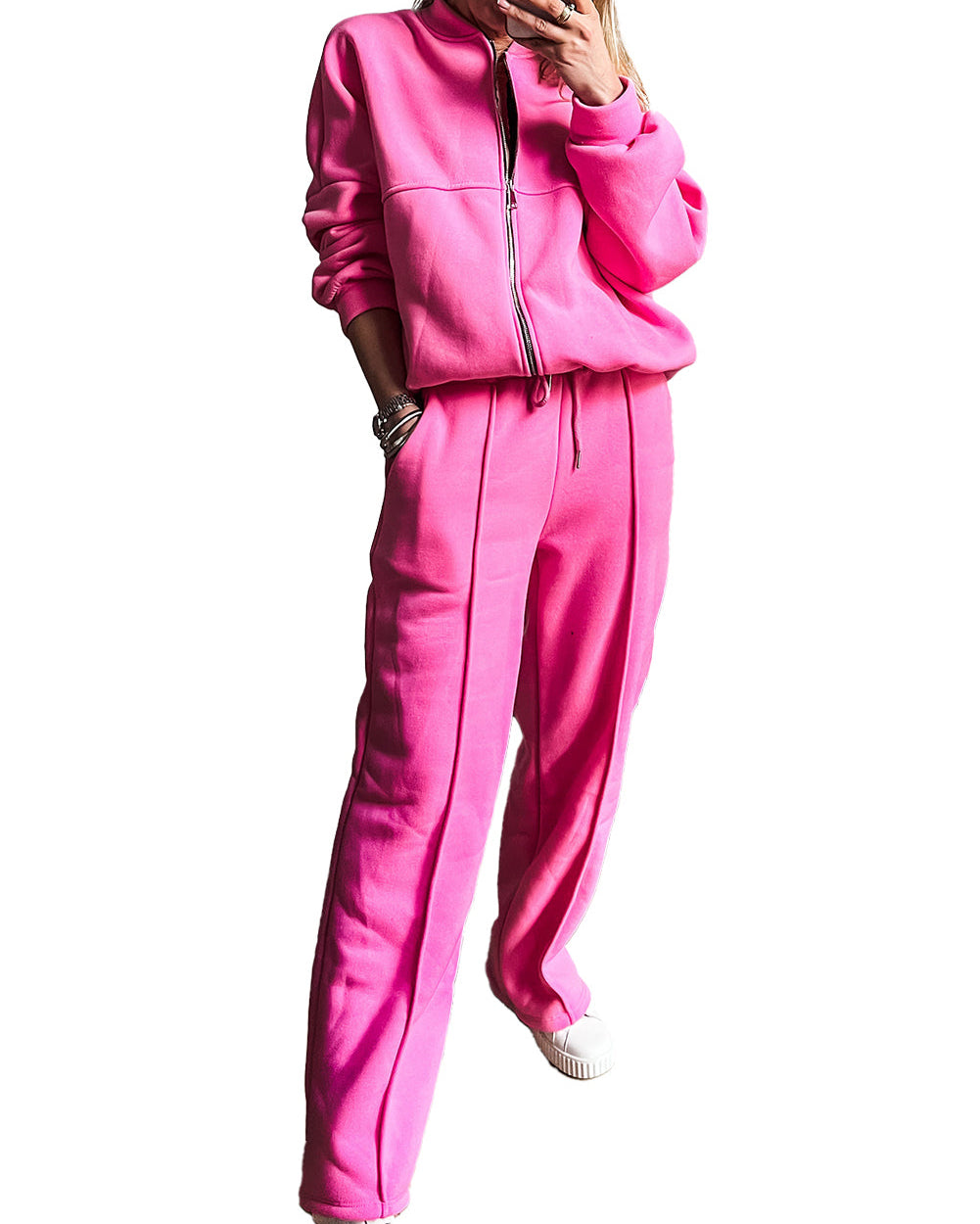 Bright Pink Seamed Zipper Jacket and Drawstring Waist Pants Set