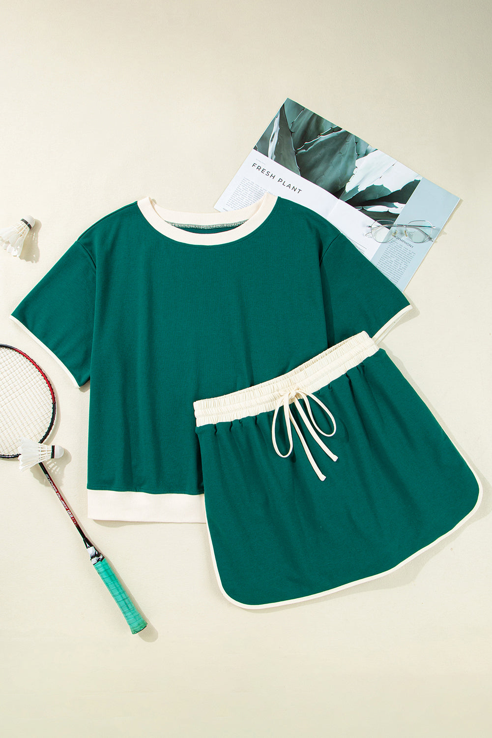 Turquoise Plus Size Contrast Trim T Shirt and Skort Two Piece Set