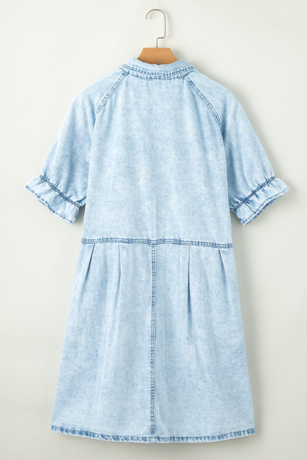 Blue Mineral Washed Ruffled Short Sleeve Pocketed Denim Dress **SHIPS 3/16**