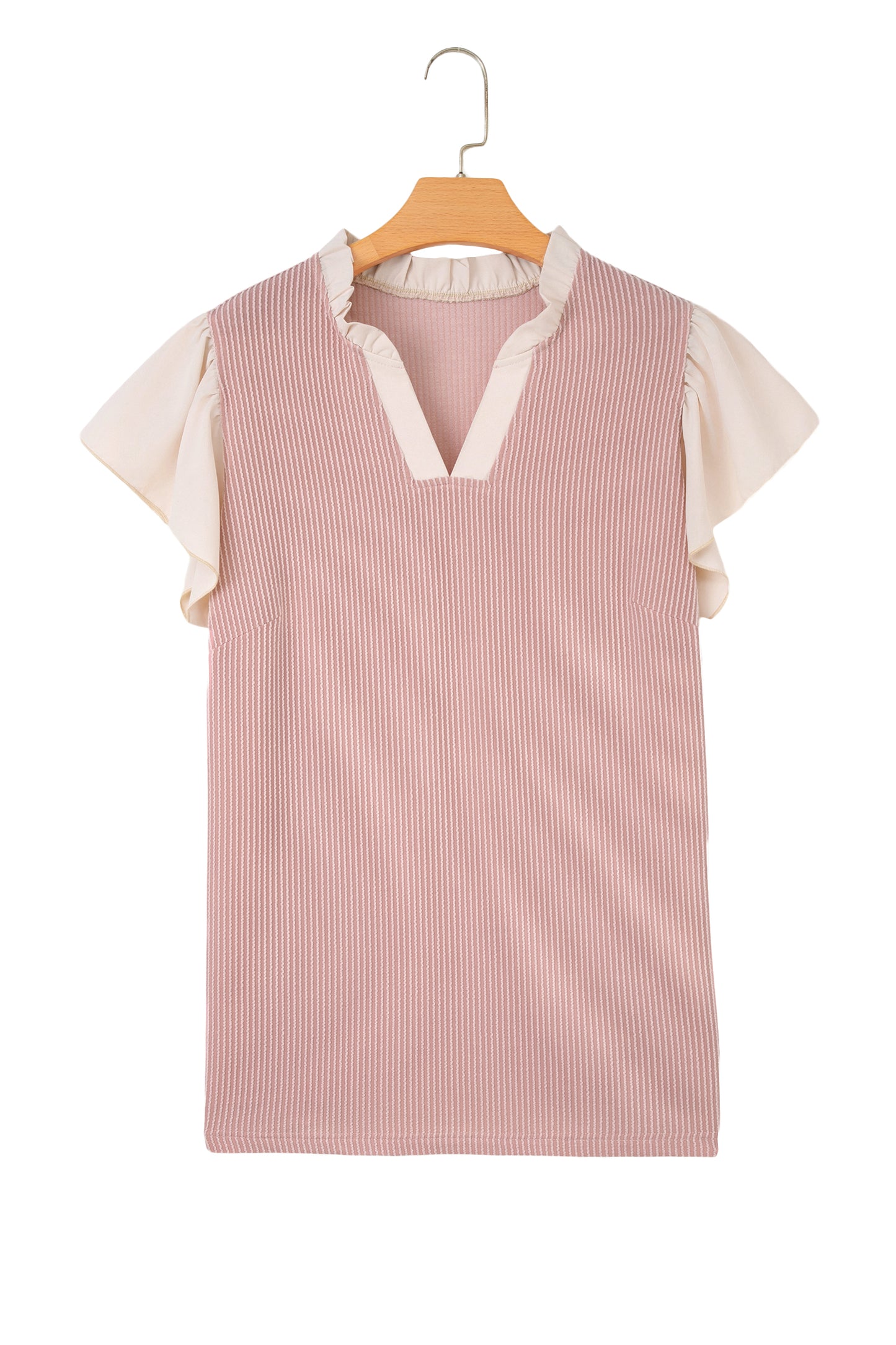 Black Plus Size Contrast Frilled Neckline Ruffled Short Sleeve Ribbed Textured Blouse