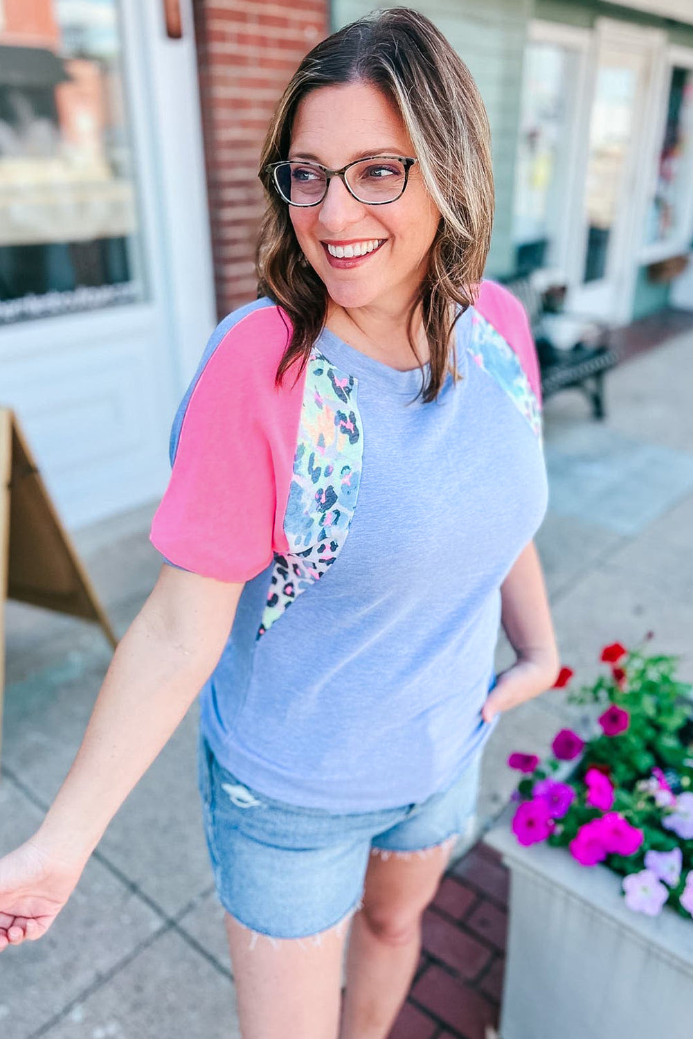 Sky Blue Leopard Print Colorblock Plus Size T Shirt **SHIPS 3/17**