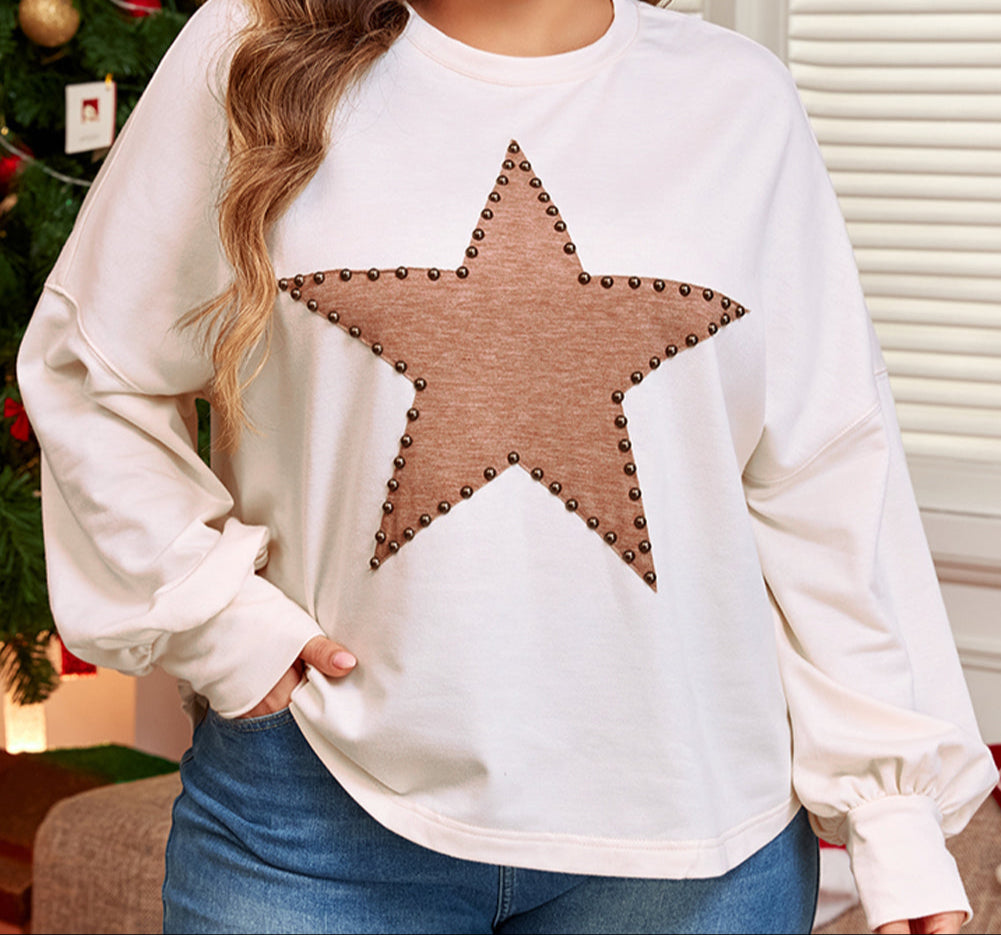 Beige Star Pattern Studded Crew Neck Plus Size Top