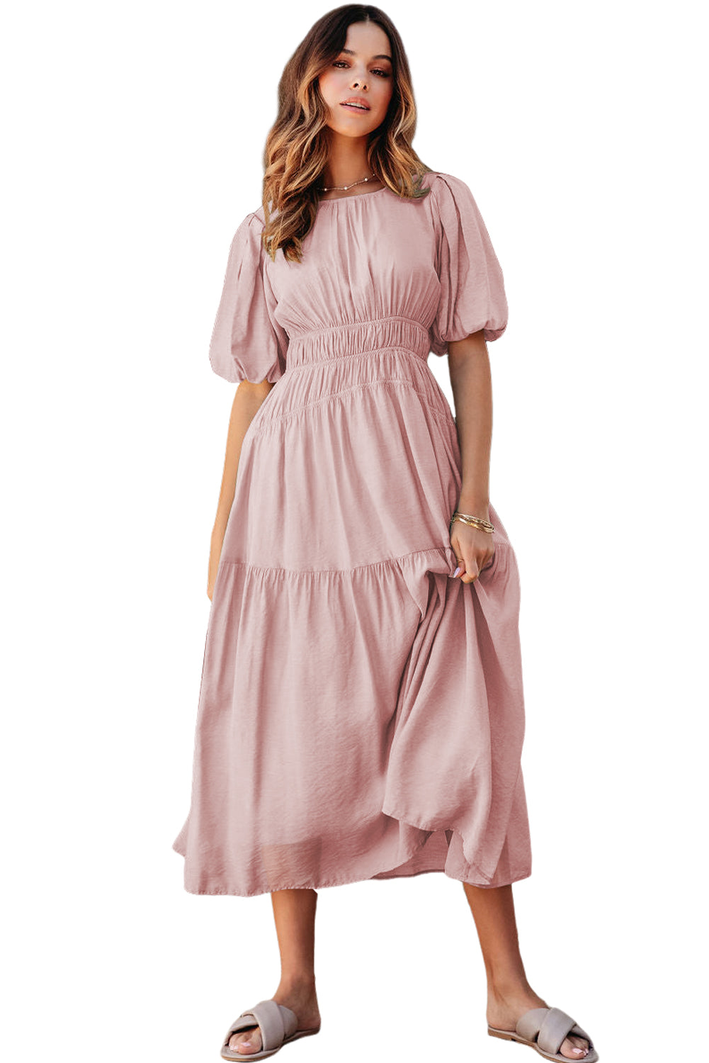 Pink Puff Sleeve High Waist Flowy Midi Dress – Big Juicy Fashion