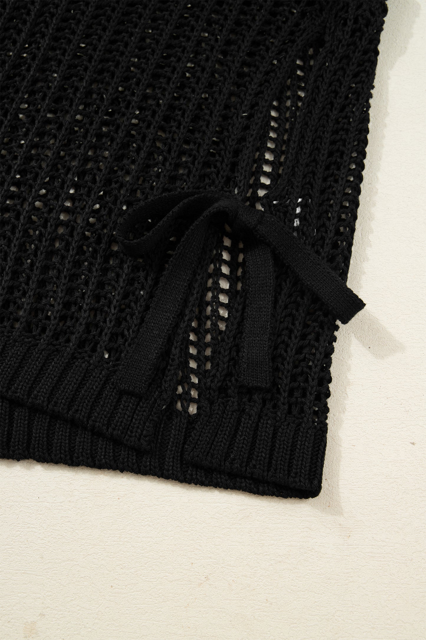 Black Plus Size Open Knit Bow Tie Short Sleeve Sweater