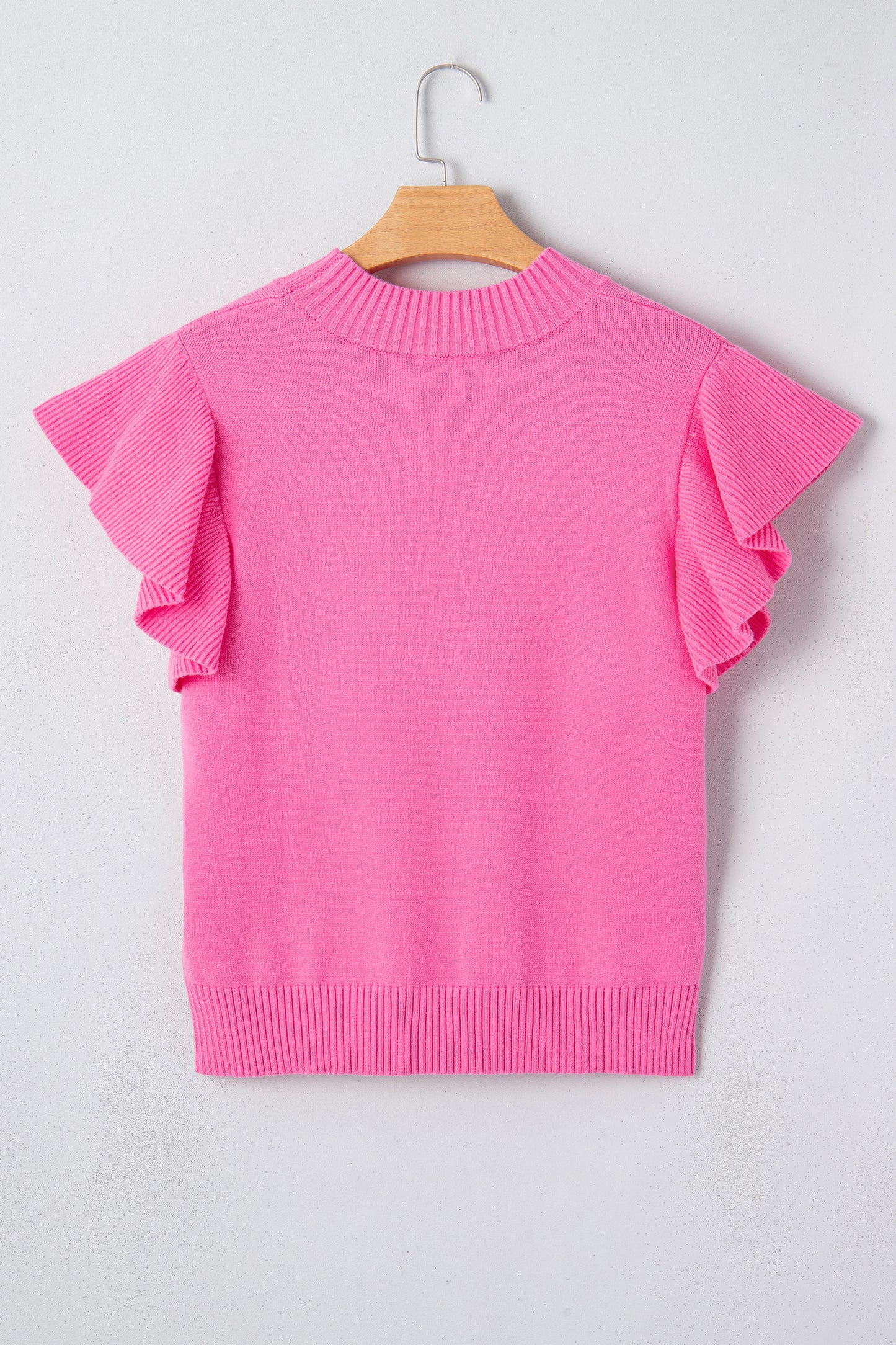 Bright Green Solid Color Ribbed Trim Round Neck Ruffle Short Sleeve Sweater