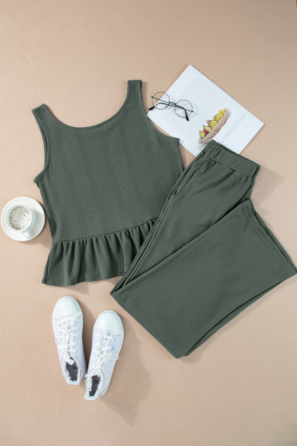 Black Solid Color Ribbed Ruffle Tank Top and Pants Set