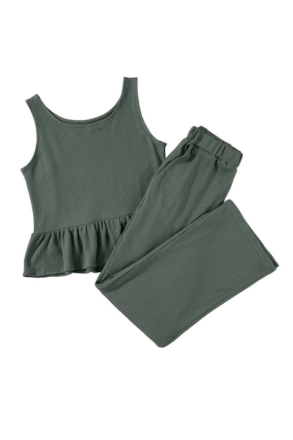 Black Solid Color Ribbed Ruffle Tank Top and Pants Set
