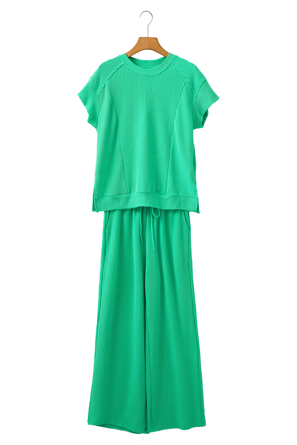 Blue Solid Corded Short Sleeve T Shirt and Wide Leg Pants Set