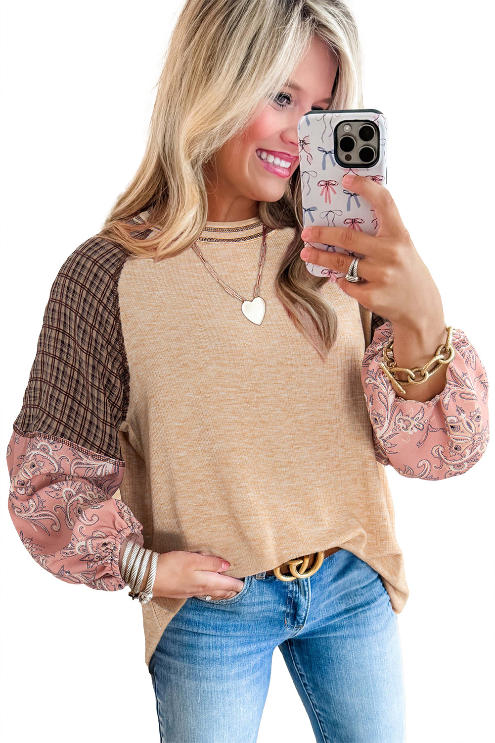 Jet Stream Floral Plaid Mixed Print Patchwork Raglan Ribbed Top