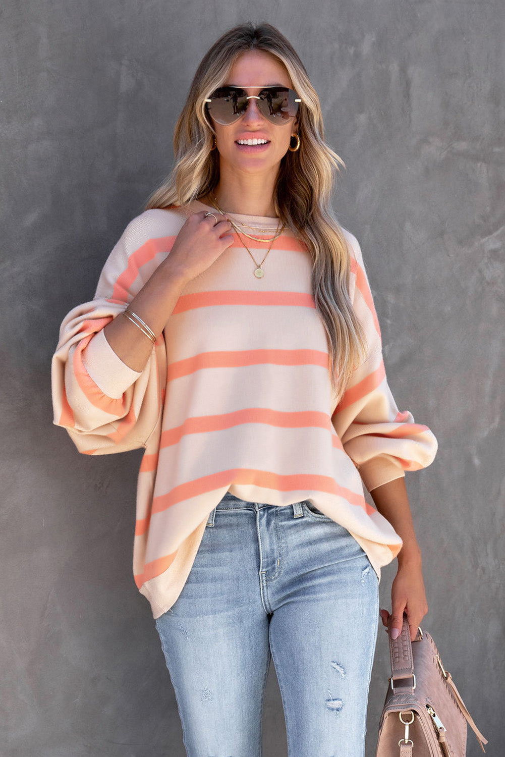 Orange Striped Print Drop Shoulder Pullover Sweatshirt