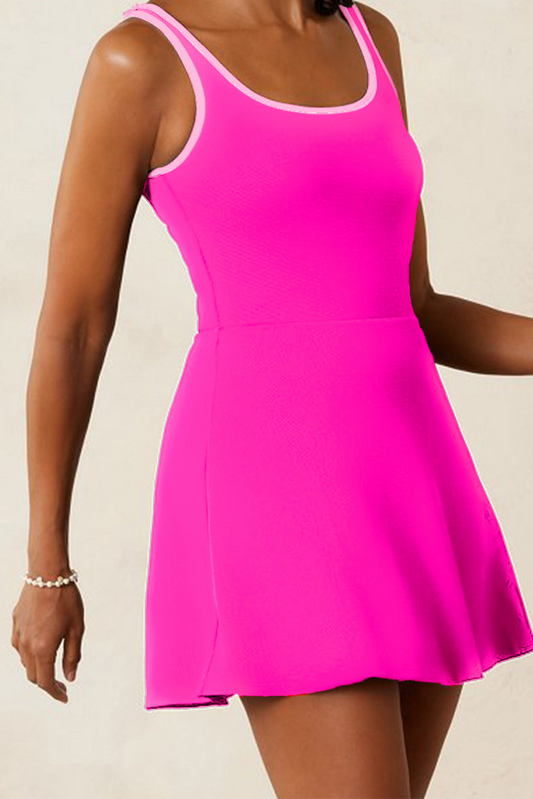 Rose Red Contrast Trim Neckline Active Shorts Attached One Piece Swim Dress