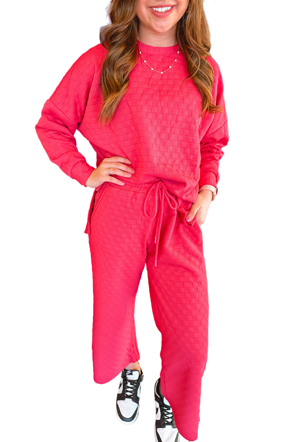 Strawberry Pink Checkered Textured Split Pullover Top and Pants Set