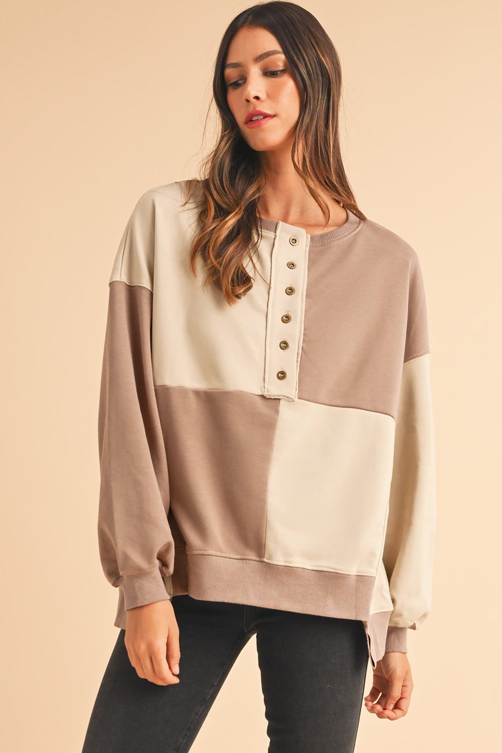 Pink Colorblock High Low Loose Henley Sweatshirt