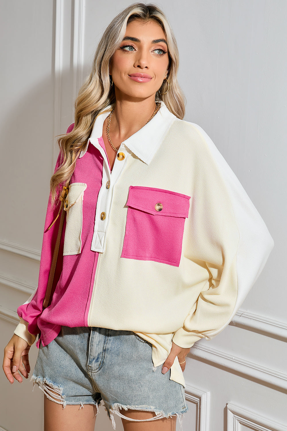 Rose Red Colorblock Patchwork Ribbed Oversized Henley Sweatshirt