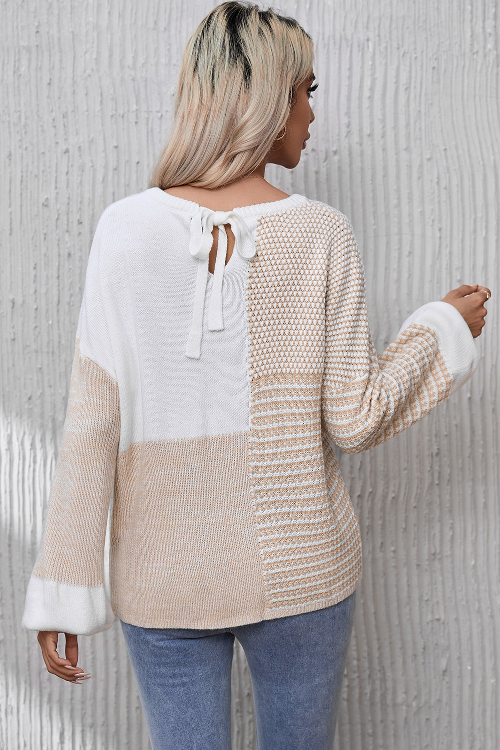 Oatmeal Mixed Pattern Knit Drop Shoulder Reversible Sweater