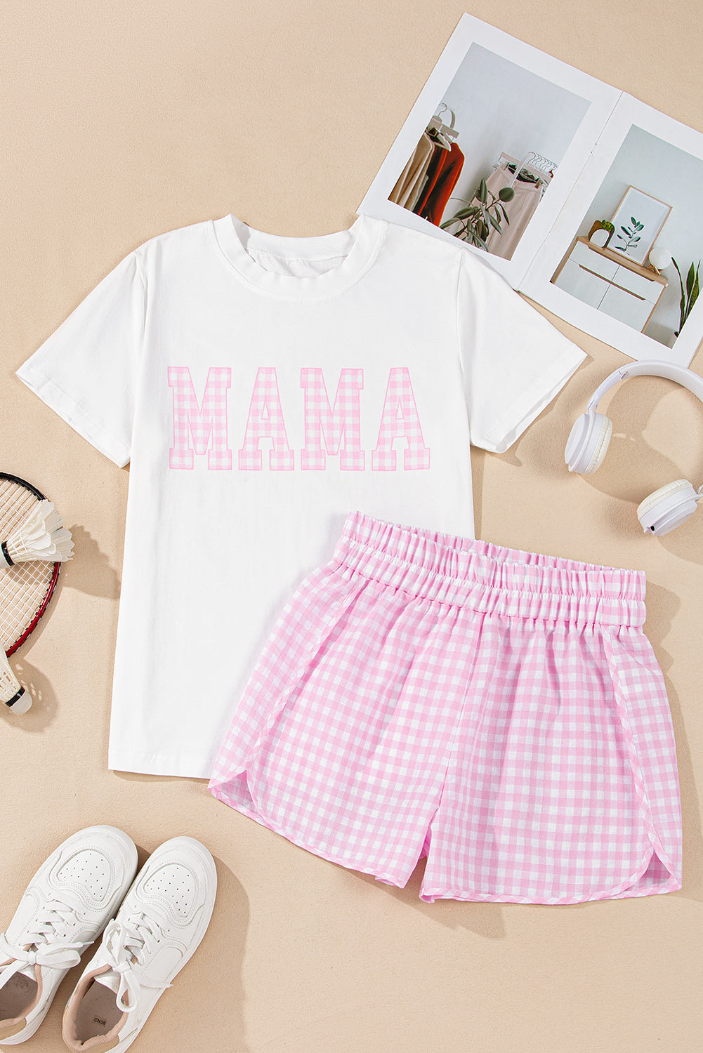 White MAMA Printed Tee and Plaid Shorts Set