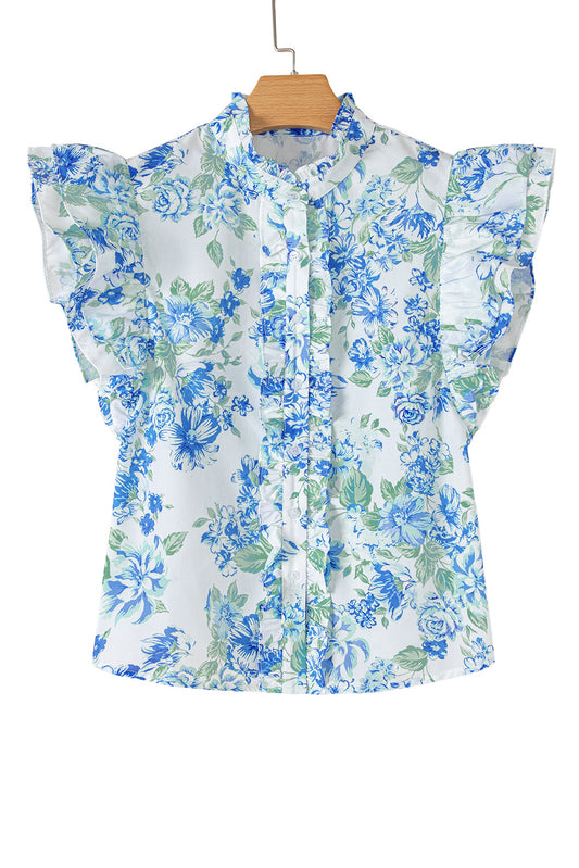 Spring Floral Print Ruffle Sleeve Frill Shirt