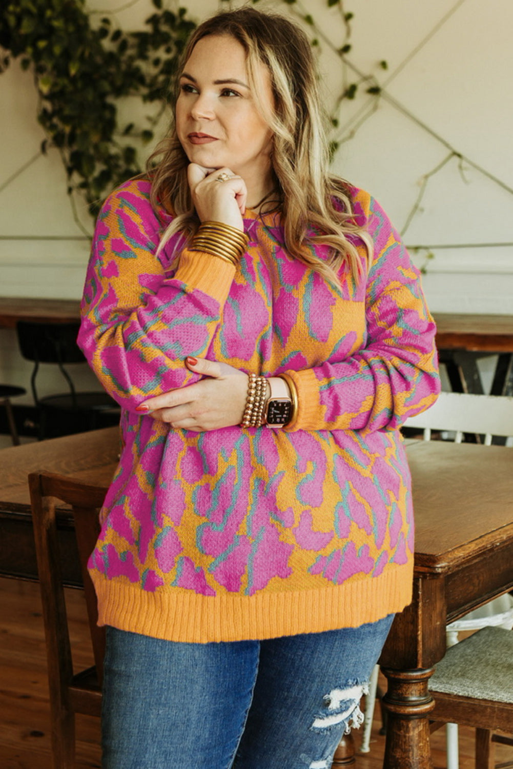 Bright Pink Plus Size Leopard Ribbed Trim Sweater