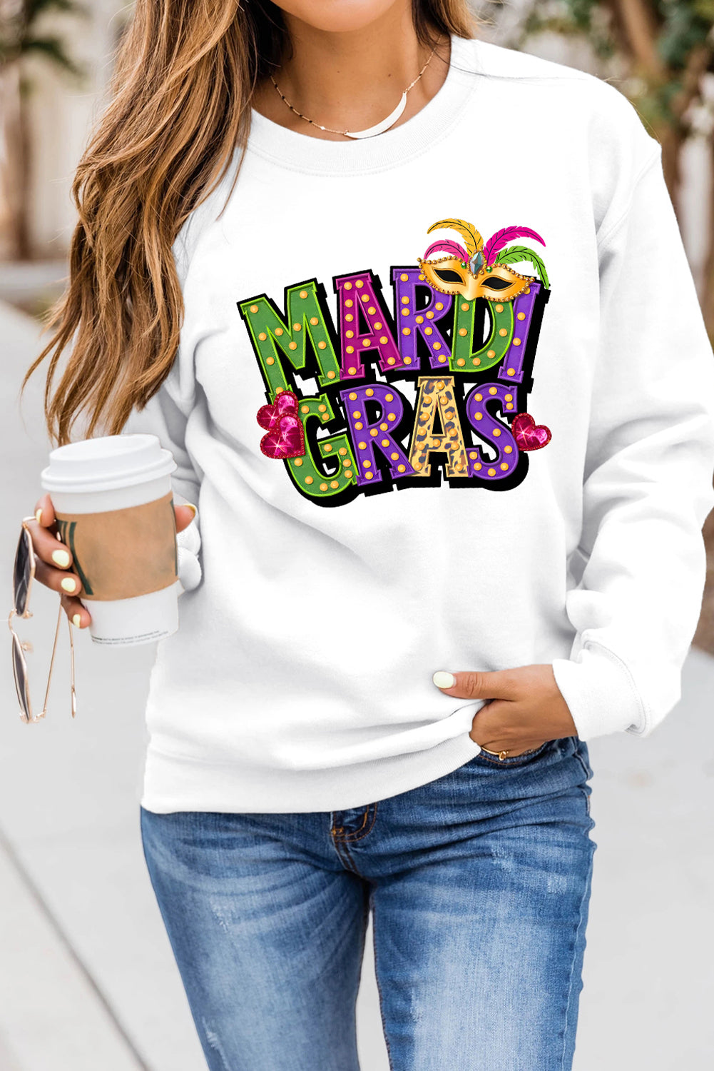 White MARDI GRAS Graphic Heat Transfer Pullover Sweatshirt