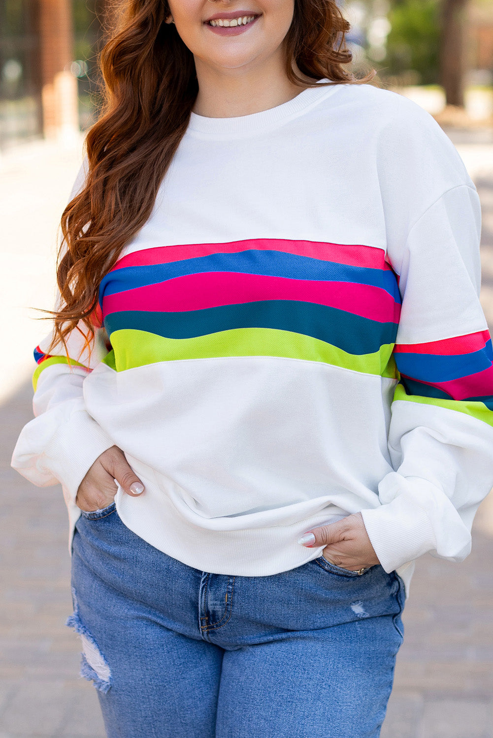 White Colorful Stripe Plus Size Sweatshirt