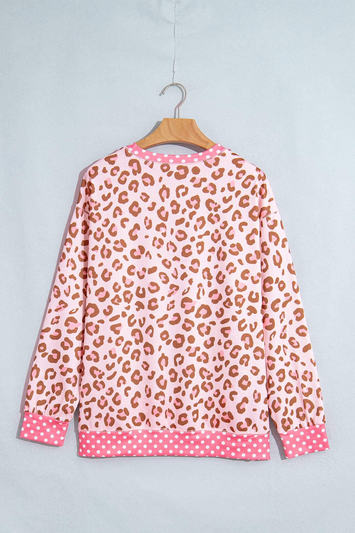 Pink Leopard Polka Dot Colorblock Trim Long Sleeve Top