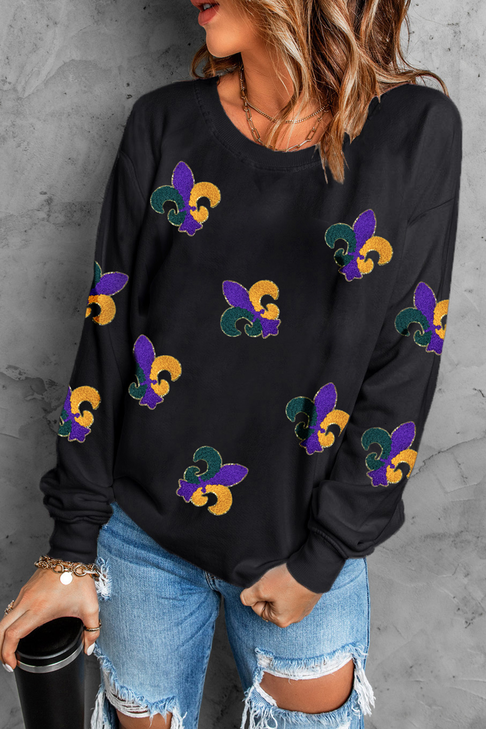 Black Mardi Gras Pattern Crew Neck Pullover Sweatshirt