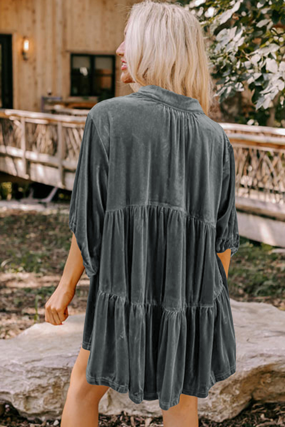 Khaki Lantern Sleeve Tunic Babydoll Velvet Shirt