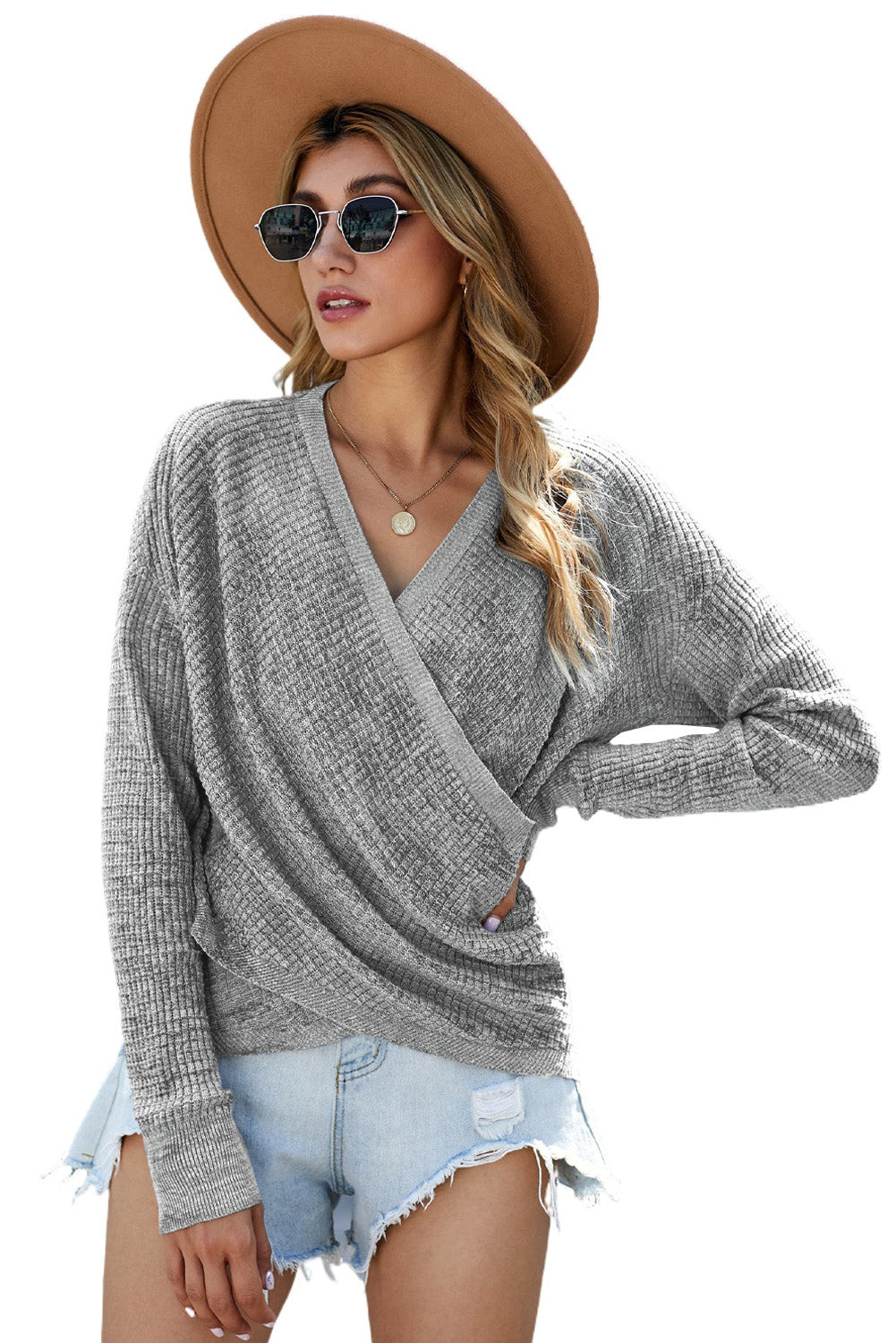 Khaki Wrap V Neck Waffle Sweater