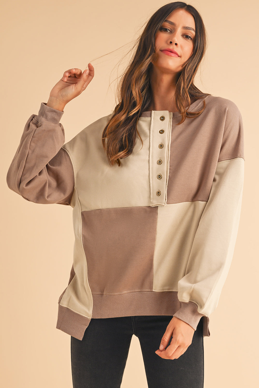 Pink Colorblock High Low Loose Henley Sweatshirt