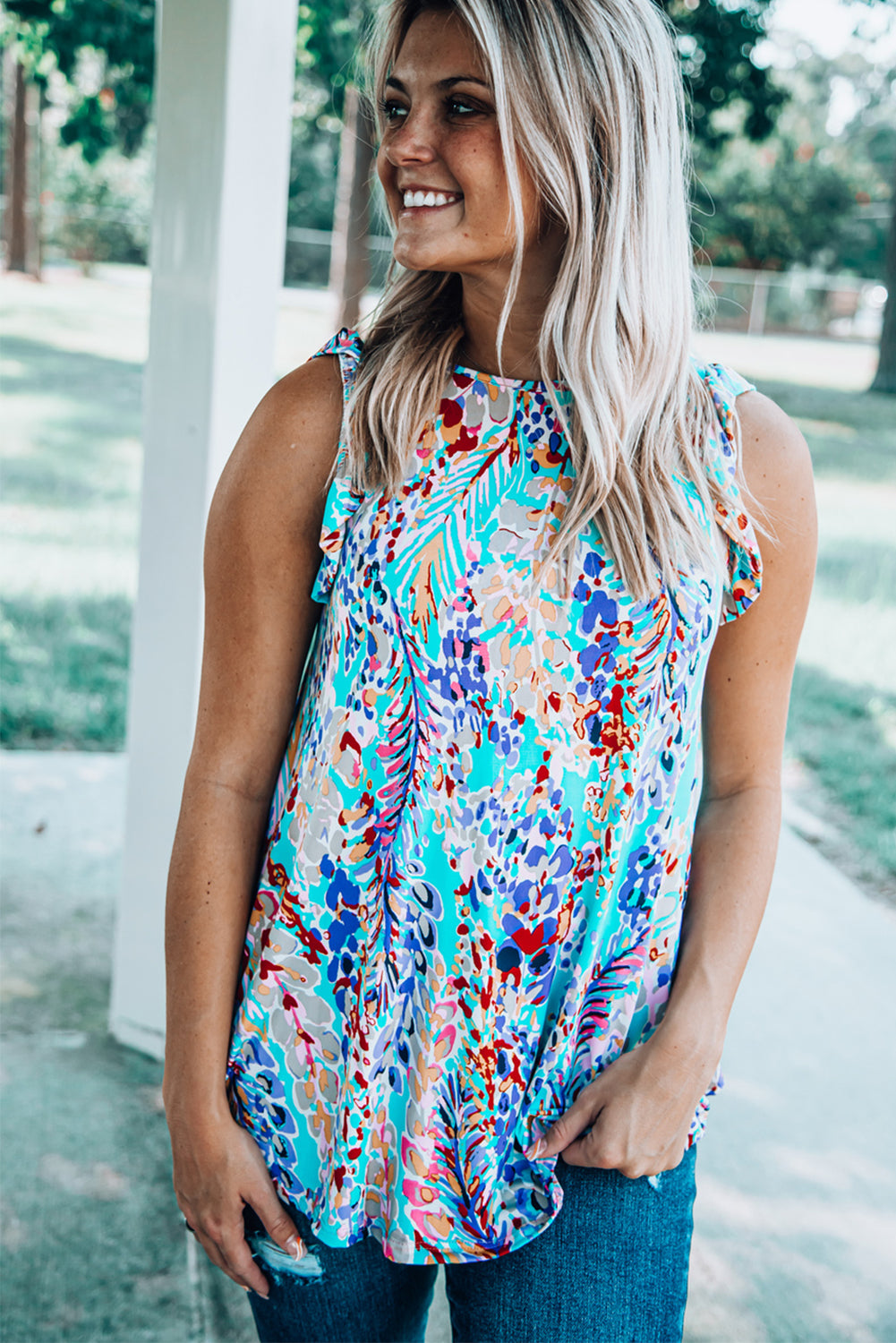 Boho Abstract Print Ruffle Babydoll Sleeveless Shirt