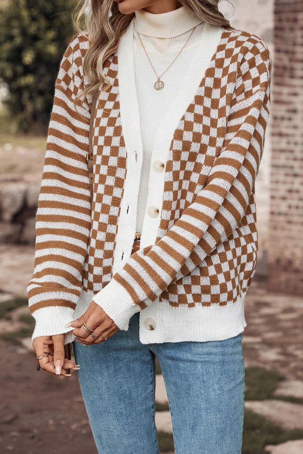 Brown Checkered Striped Patched Buttoned V Neck Cardigan