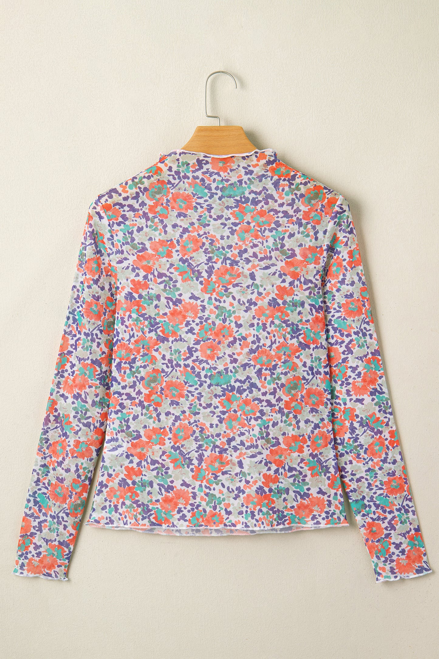 Blue Floral Print Slim Fit Mesh Long Sleeve Mock Neck Top