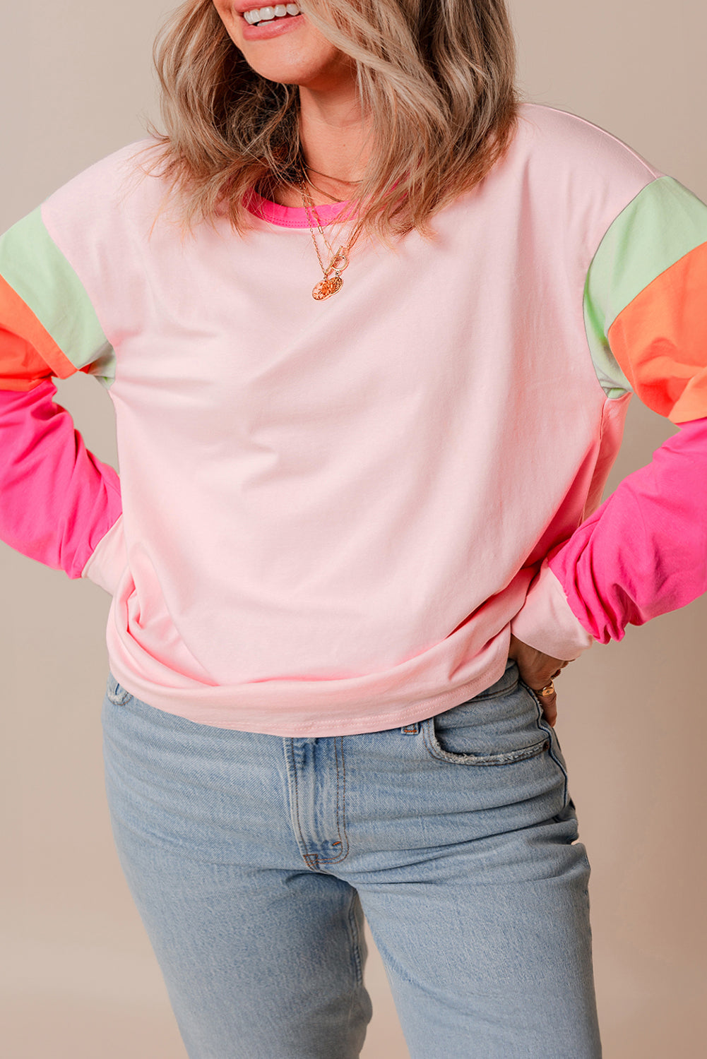 Pink Colorblock Long Sleeve Plus Size Top