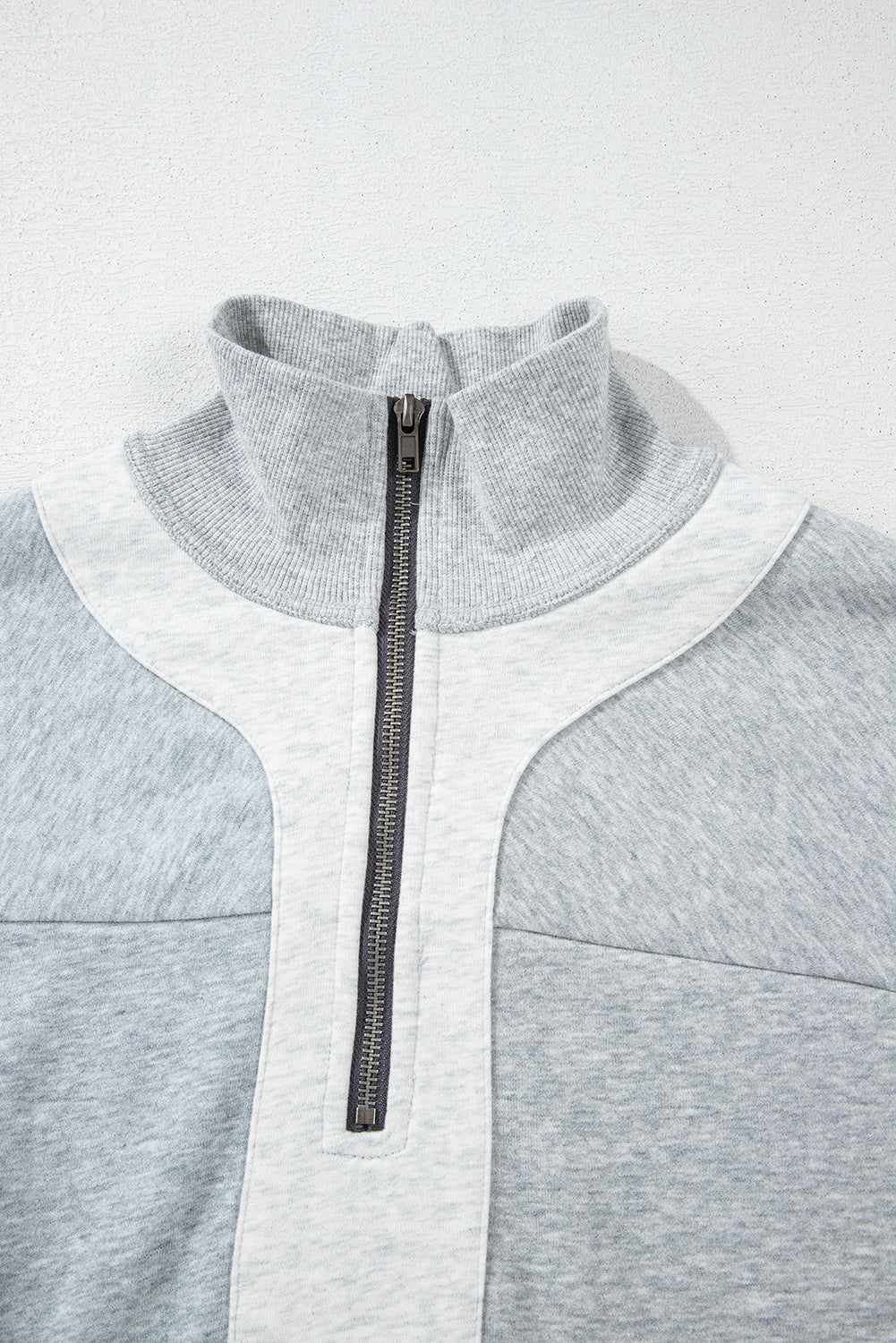 Gray Zip Collar Colorblock Side Slits Sweatshirt