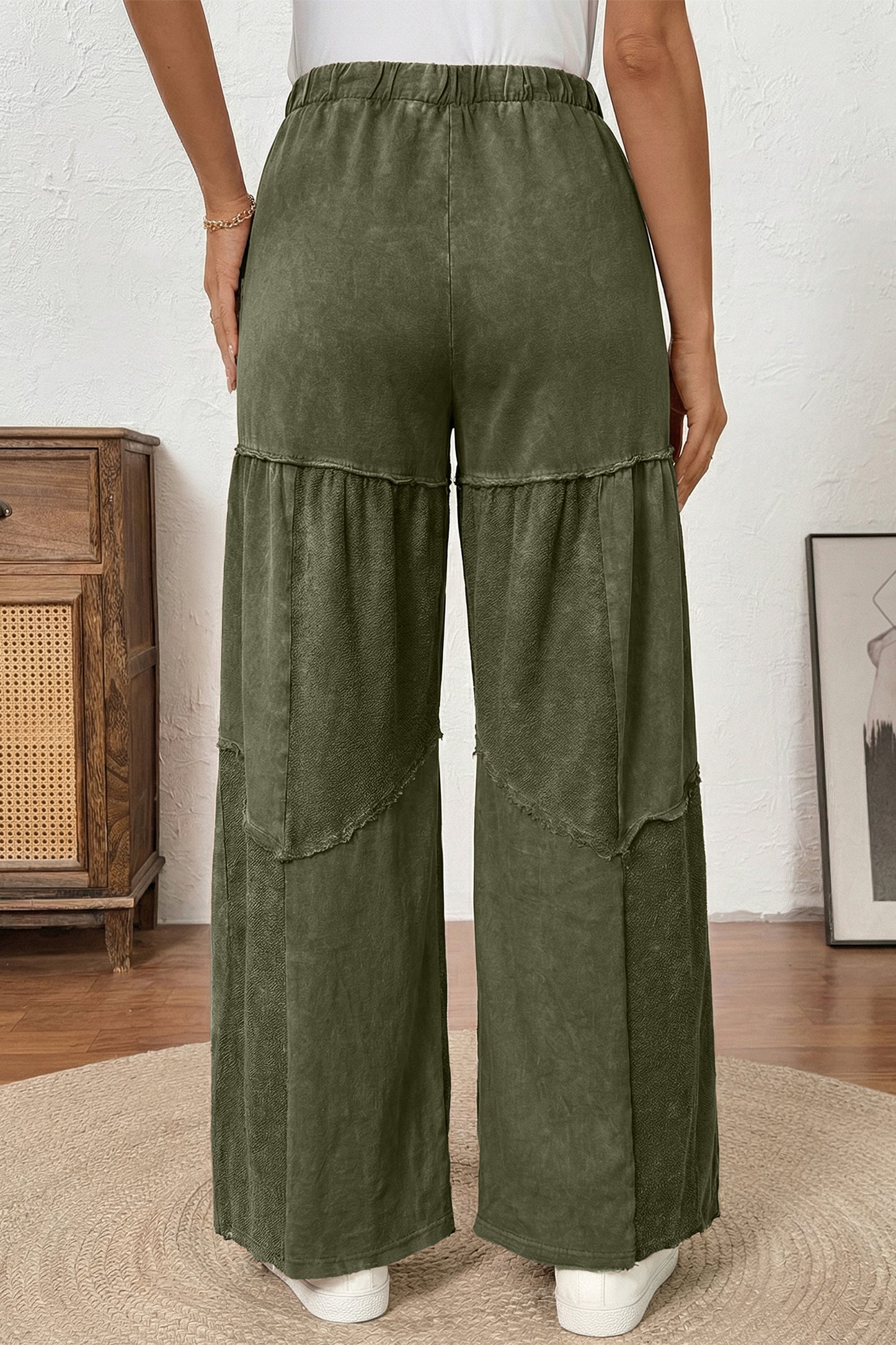 Vineyard Green Mineral Wash Tiered Wide Leg Patchwork Drawstring Pants