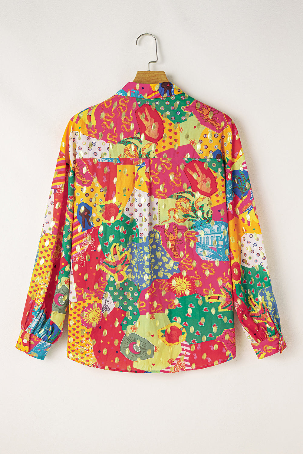 Rose Red Abstract Print Colorblock Long Sleeve Shirt